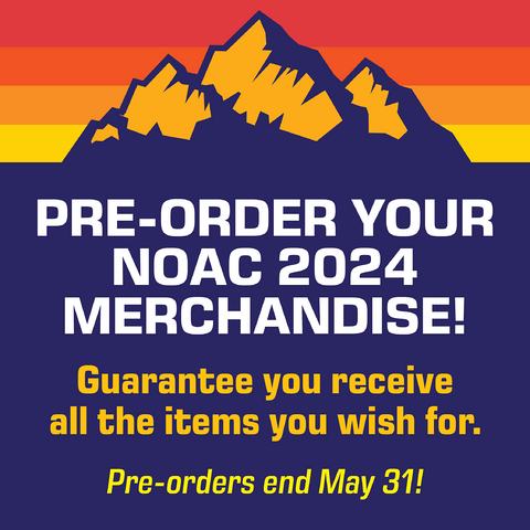 Graphic with the text "Pre-order your NOAC 2024 Merchandise! Guarantee you receive all the items you wish for. Pre-orders end May 31!" on a background with an illustrated mountain and horizontal stripes in red, yellow, and purple colors.