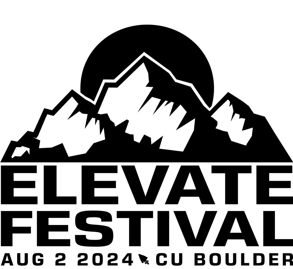 A graphic for the Elevate Festival, featuring stylized mountains with the sun rising or setting behind them. Text below reads "ELEVATE FESTIVAL AUG 2 2024 CU BOULDER.