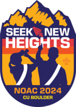Logo for NOAC 2024 at CU Boulder featuring silhouettes of two scouts pointing and looking at the mountains in front of them with the text "Seek New Heights" and a mountain range above.