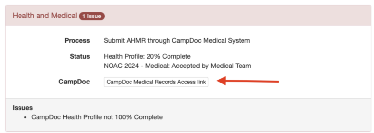 A section of a webpage titled "Health and Medical" with 1 issue. It shows the process of submitting AHMR through CampDoc, status at 20% complete, and NOAC 2024 - Medical Accepted. An arrow points to the "CampDoc Medical Records Access link." An issue is listed as Health Profile not 100% Complete.