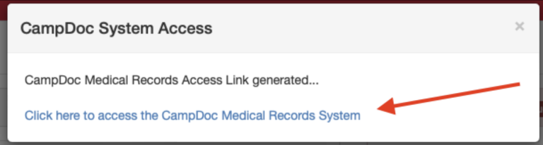 A notification window titled "CampDoc System Access" displays a message stating, "CampDoc Medical Records Access Link generated..." Below the text, there is a clickable link that says, "Click here to access the CampDoc Medical Records System" with an arrow pointing to it.