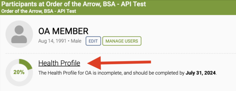 A profile display for an OA member on a health management interface. The profile shows 20% completion of the health profile with a reminder that it should be completed by July 31, 2024. There's an arrow pointing to the "Health Profile" section.