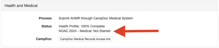 Screenshot of a health and medical form status page. It shows: - Process: Submit AHMR through CampDoc Medical System. - Status: Health Profile: 100% Complete, NOAC 2024 - Medical: Not Started. - CampDoc: CampDoc Medical Records Access link. A red arrow points to "NOAC 2024 - Medical: Not Started.