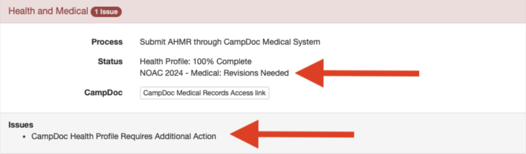 Screenshot of a webpage section titled "Health and Medical." The status indicates a health profile is 100% complete but requires revisions for NOAC 2024. Two red arrows point to this status and an issue stating "CampDoc Health Profile Requires Additional Action.