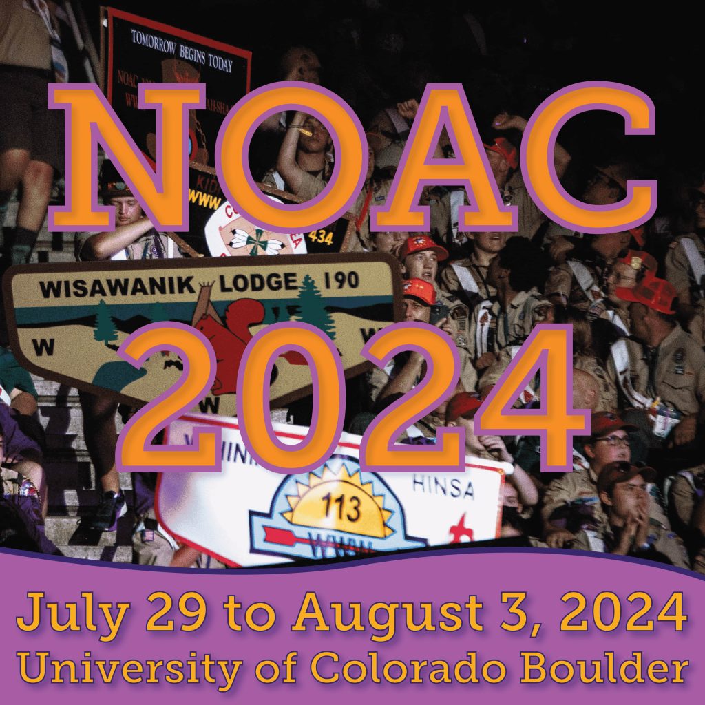 Promotional image for NOAC 2024 with a date of July 29 to August 3, at the University of Colorado Boulder, featuring a crowd of people in the background with NOAC logos and banners, along with large text "NOAC 2024" dominating the upper portion of the image.