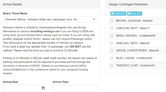 A user interface for travel and contingent member assignment. It includes options to select a travel mode, with a dropdown for "Personal Vehicle - Includes rental cars, passenger vans, etc." On the right, there's a list to assign contingent members with a check-all box.