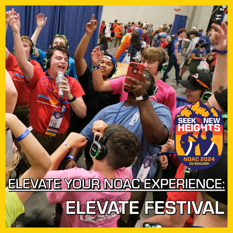 A group of excited people are dancing and singing together in a lively indoor setting. They are wearing colorful clothes and accessories, with some holding drinks and others using their phones. A banner promotes "Elevate Festival" for NOAC 2024.