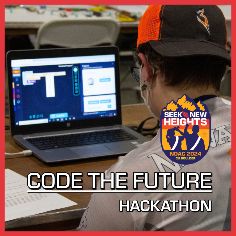 A person wearing a backward cap is intently working on a laptop, participating in the "Code the Future" hackathon. The screen shows blocks of code. To the right is a colorful logo with the text "Seek New Heights" and "NOAC 2024".