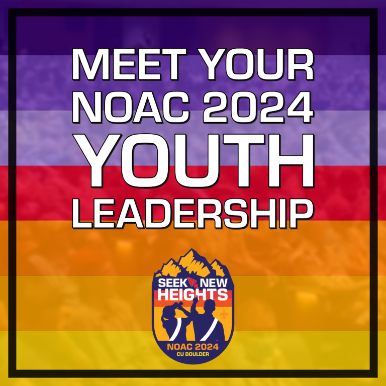 Banner with the text "Meet Your NOAC 2024 Youth Leadership" against a background of horizontal gradient stripes in blue, purple, red, and orange colors. Below the text is the NOAC 2024 logo with a mountain graphic and the words "Seek New Heights.