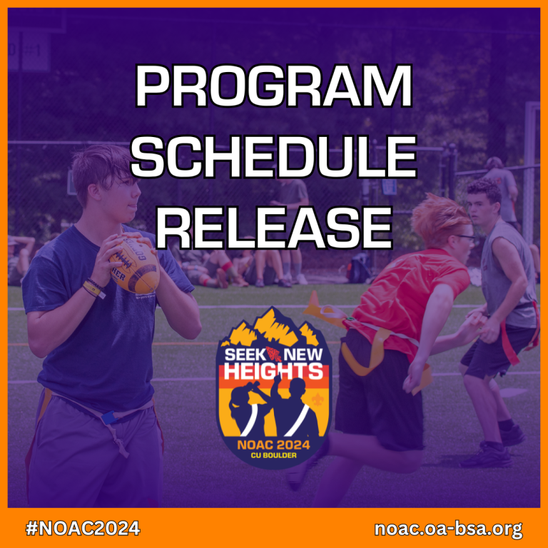 A promotional graphic for NOAC 2024 at CU Boulder with the text "Program Schedule Release" in large letters. The background image shows individuals participating in an activity, with one person holding a football. The NOAC 2024 logo and event website are also visible.
